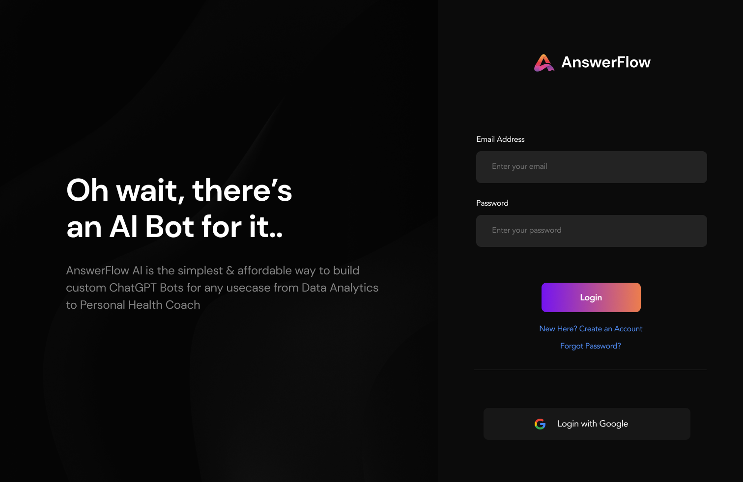 AnswerFlow login screen with dark visual identity, email login, account creation and Google authentication