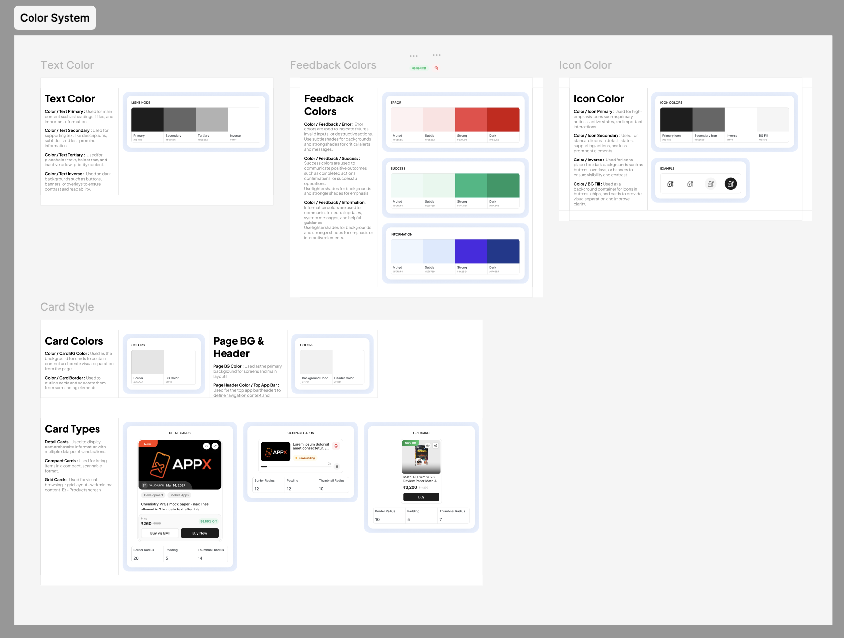 AppX design system board showing color styles, feedback states, icon color, and card styles
