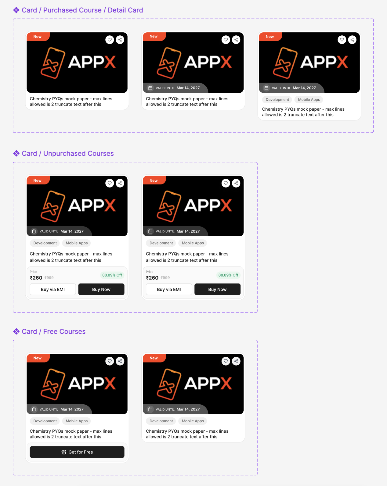 AppX course card variants for purchased, unpurchased, and free courses