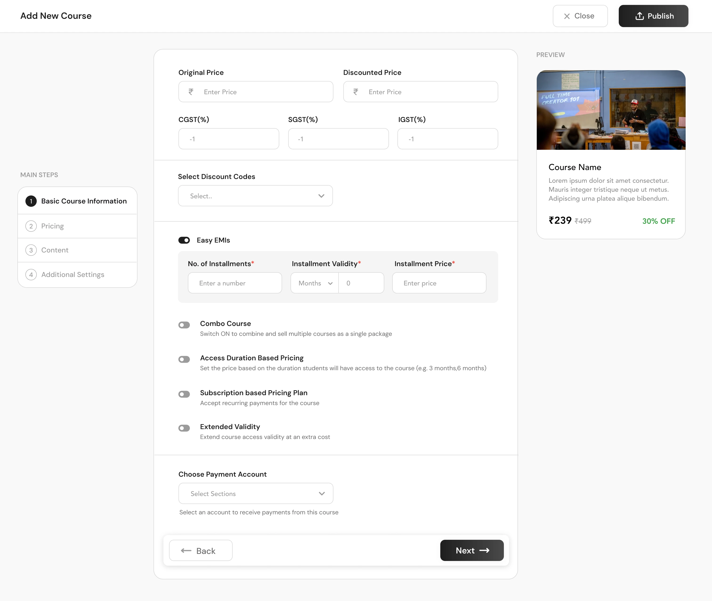 AppX add new course flow with pricing setup, installments, and preview panel