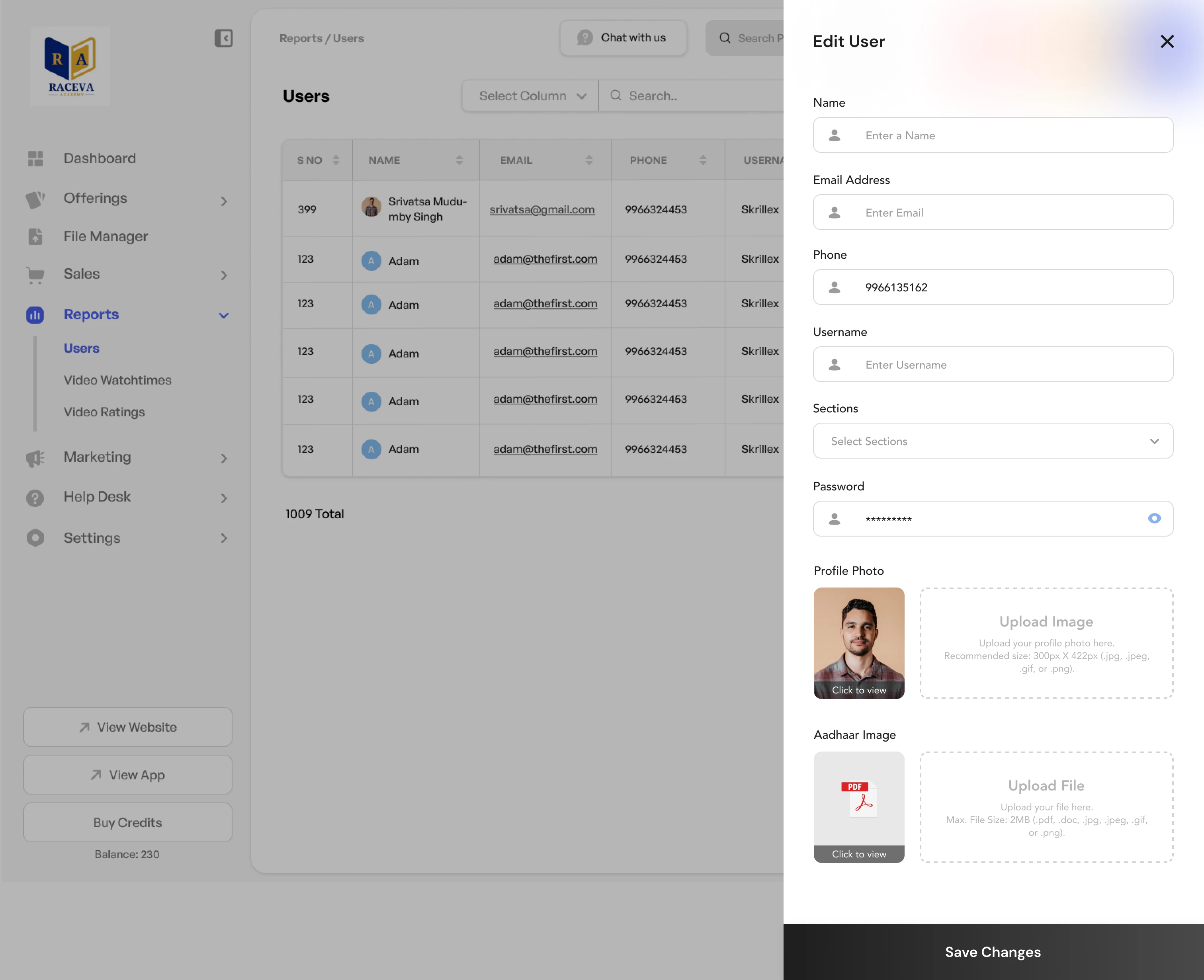 AppX edit user drawer with profile fields, uploads, and account controls