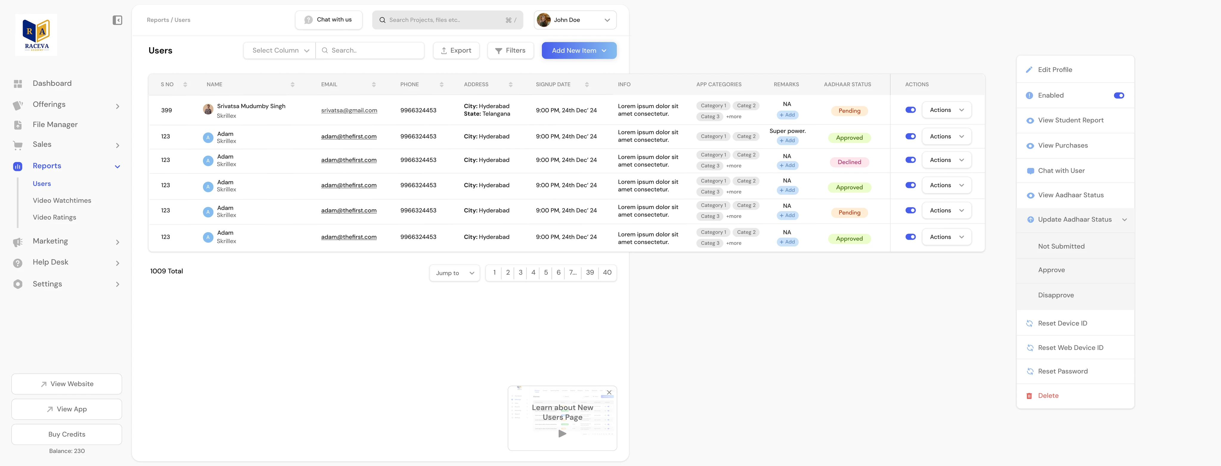 AppX user management screen with filters, table layout, and quick actions