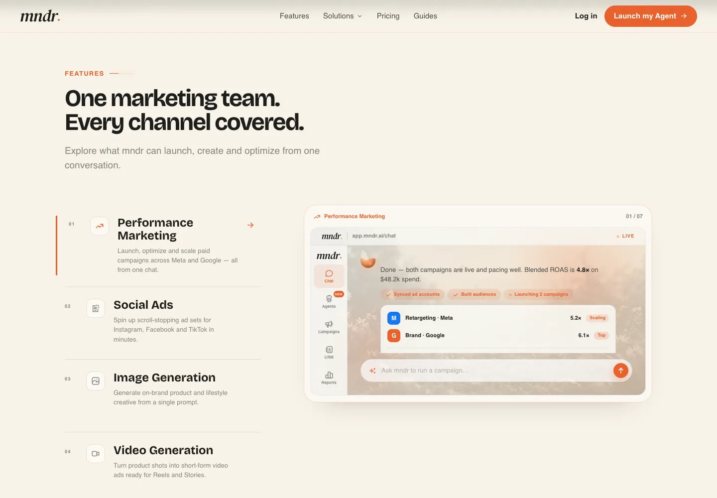 Current mndr.ai public product preview showing marketing channels and a campaign workspace