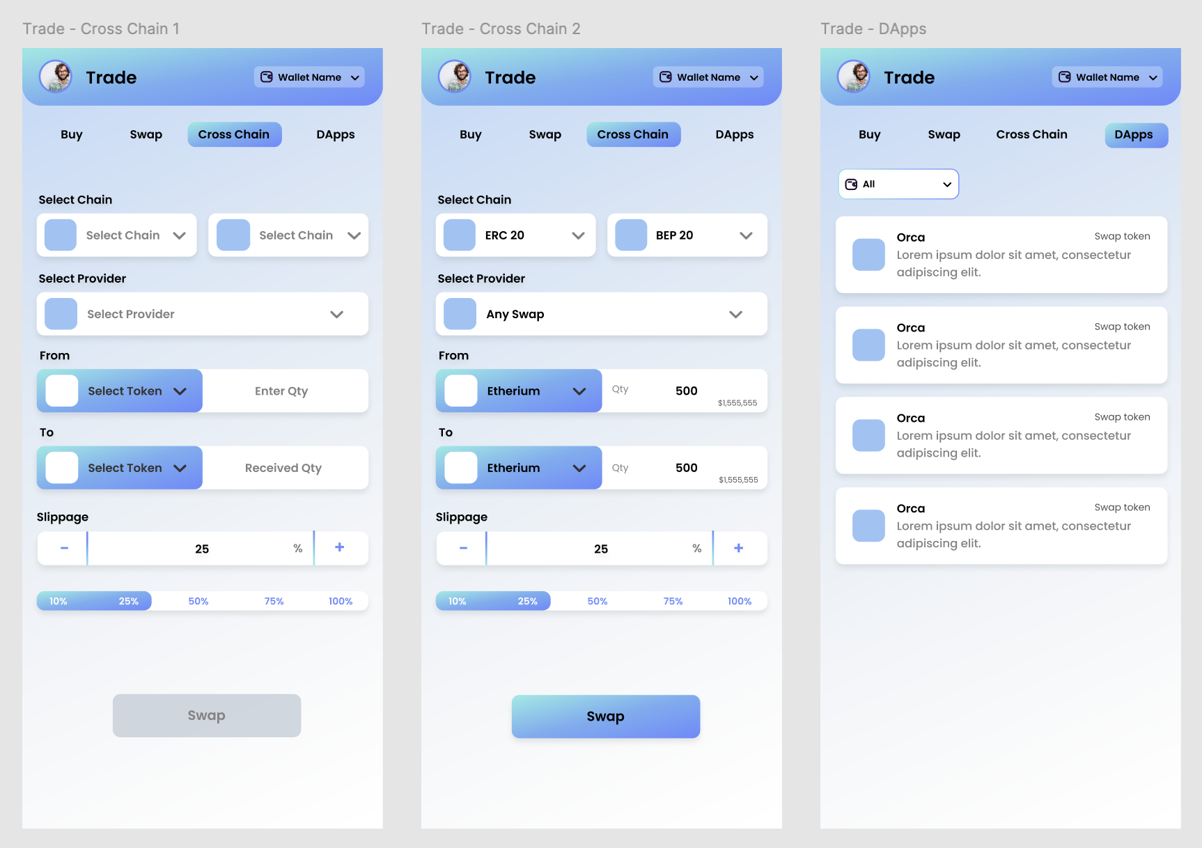 Three mobile screens showing cross-chain token selection, swap configuration and decentralised app discovery