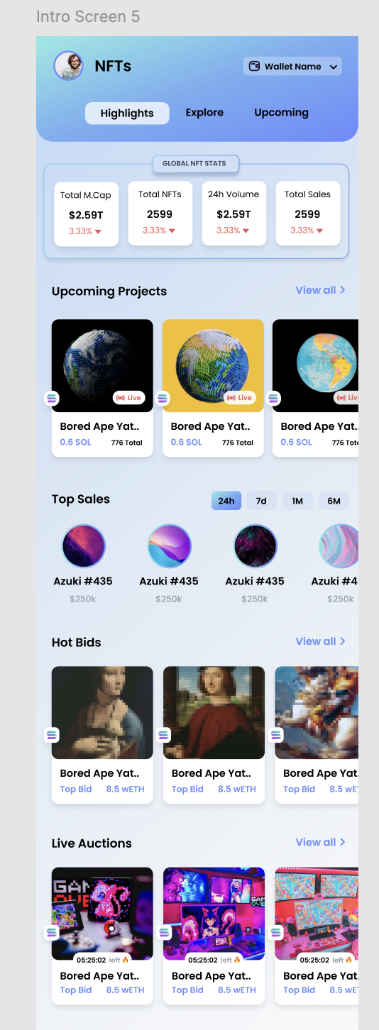 Mobile NFT discovery screen showing market statistics, upcoming projects, top sales, hot bids and live auctions