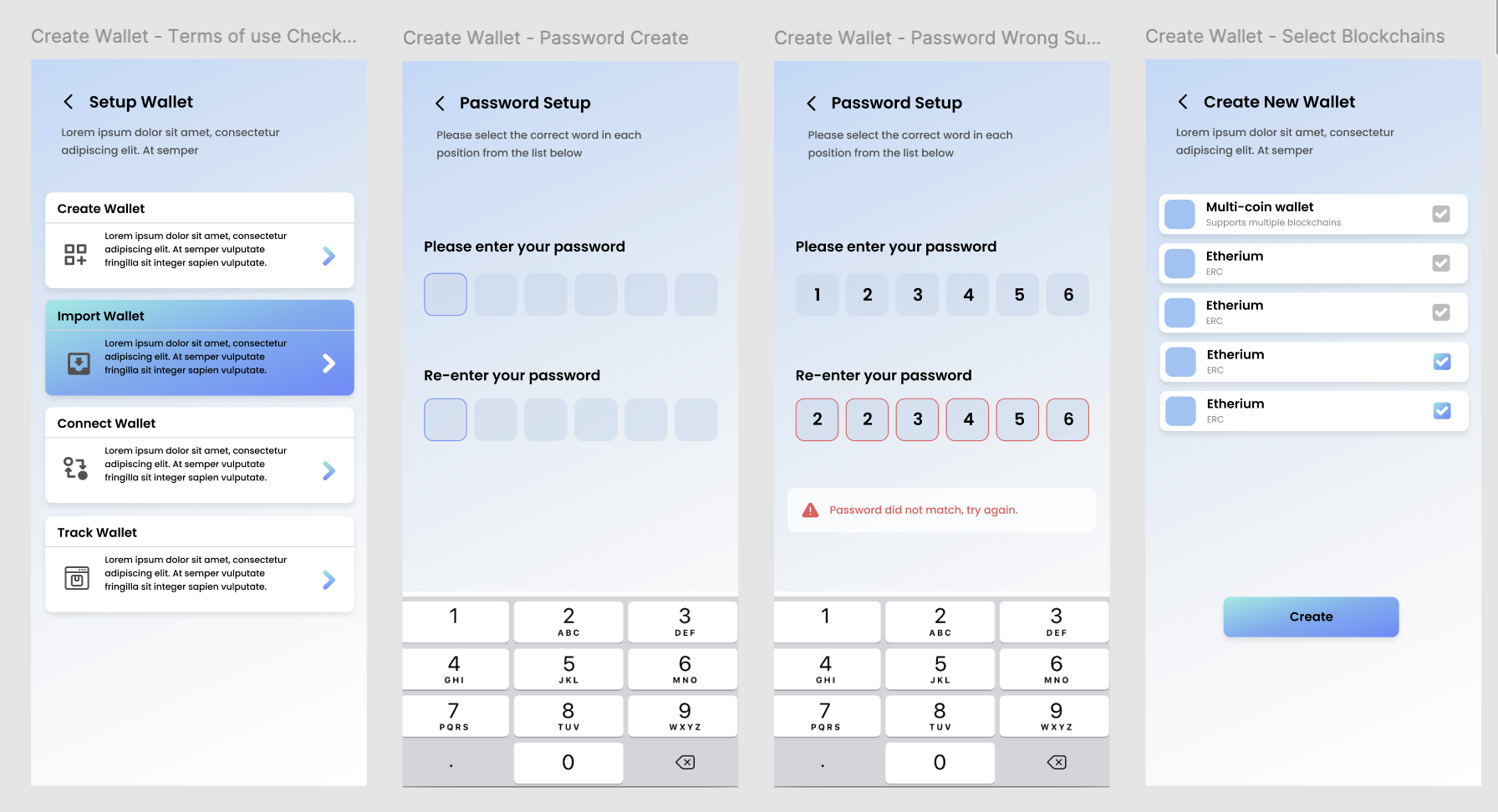 Four mobile screens showing wallet setup options, PIN creation and blockchain selection