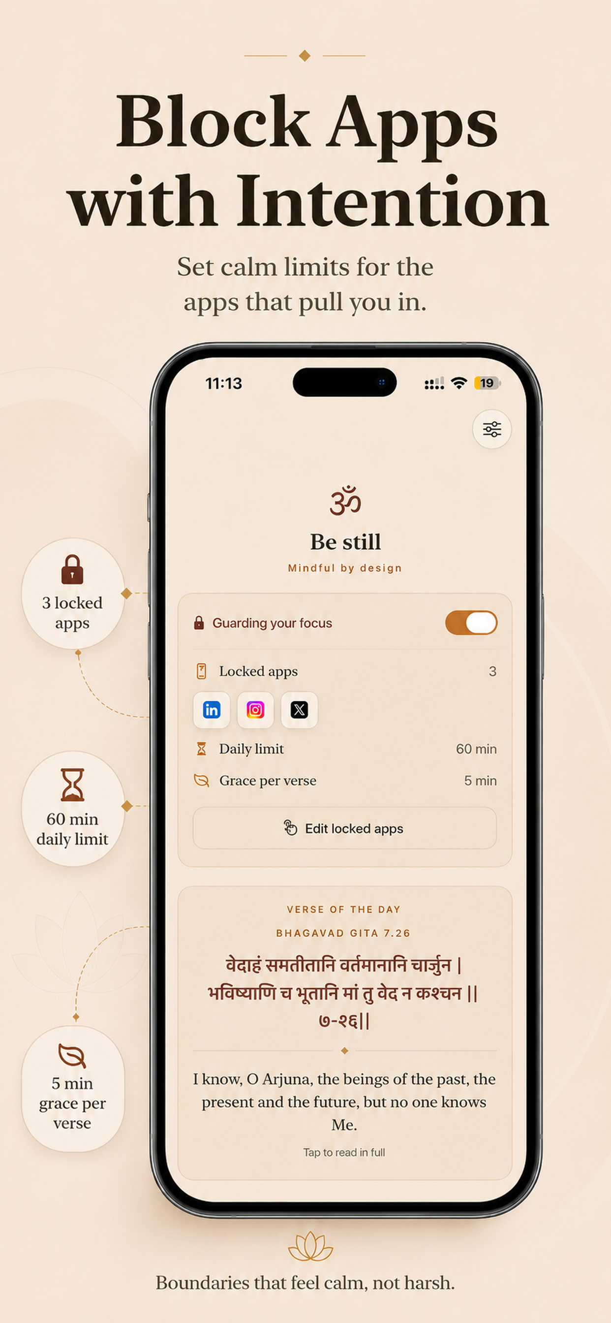 GitaLock dashboard showing guarded apps, daily usage limit, grace period, and verse of the day