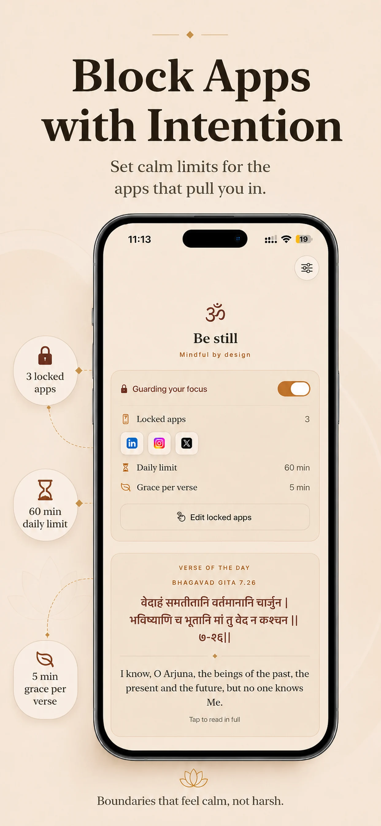GitaLock dashboard showing guarded apps, daily usage limit, grace period, and verse of the day