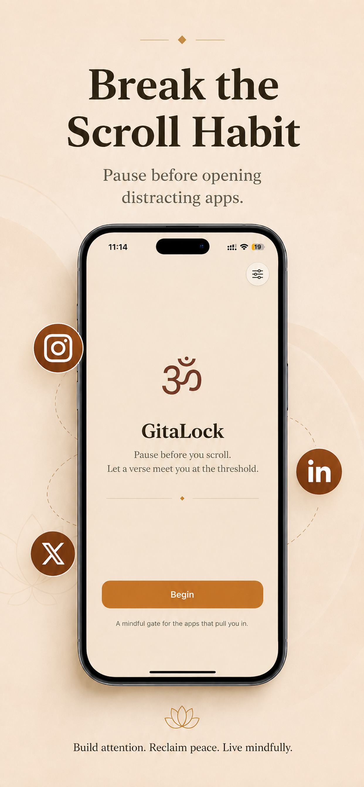 GitaLock onboarding screen introducing a mindful pause before opening distracting apps