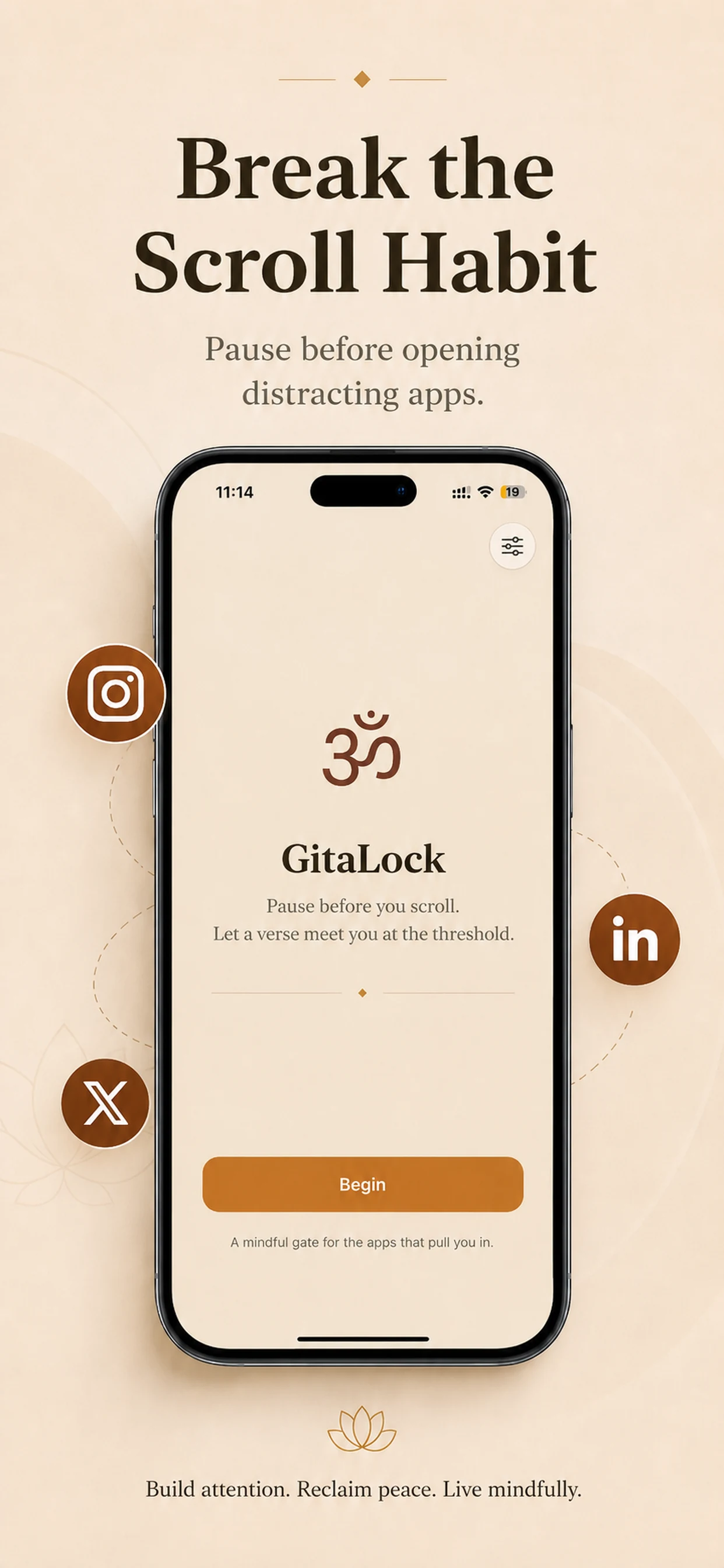 GitaLock onboarding screen introducing a mindful pause before opening distracting apps