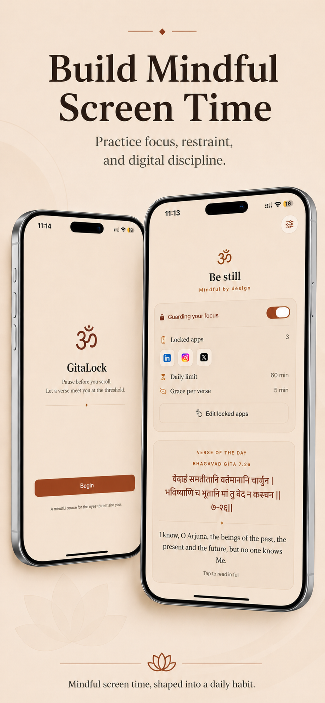 Two GitaLock iPhone screens showing onboarding and the guarded-app dashboard together