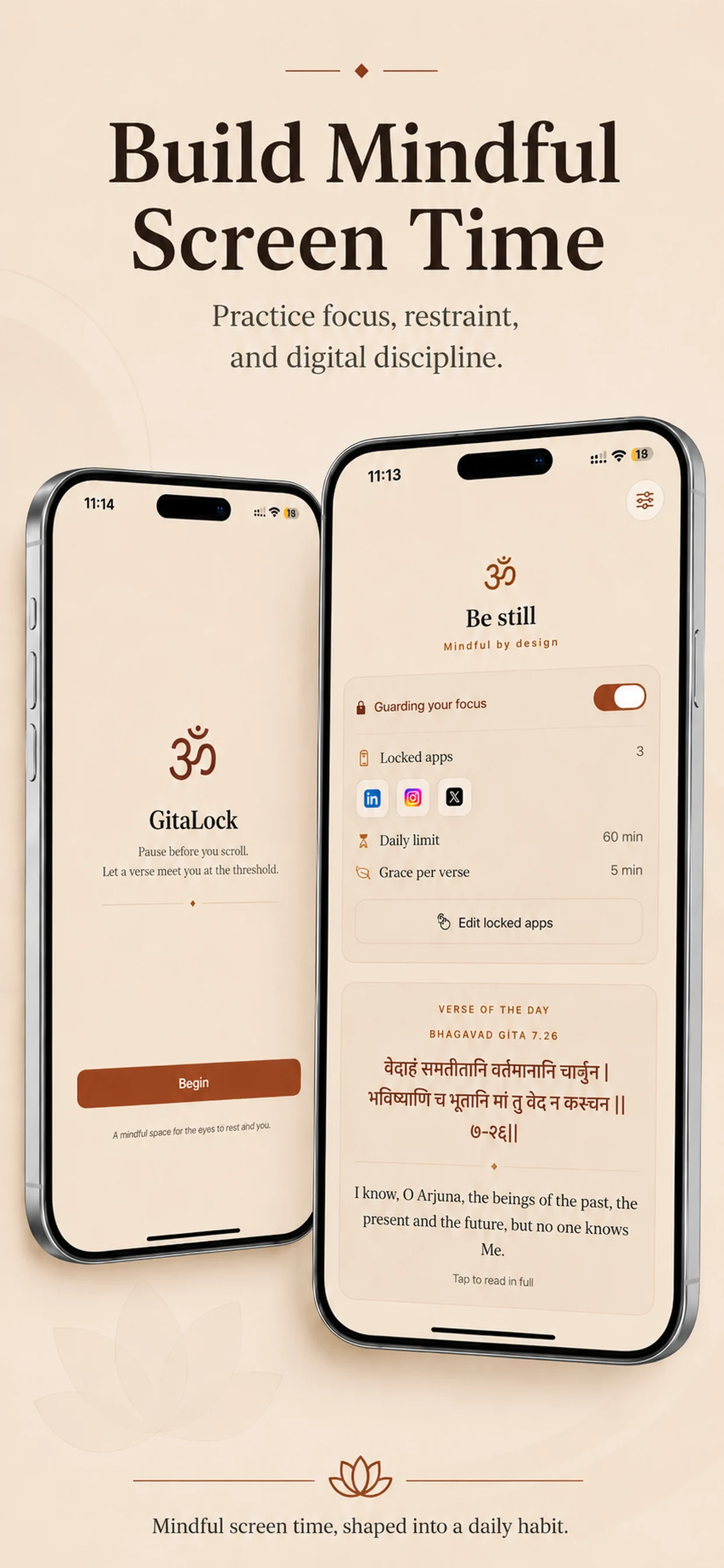 Two GitaLock iPhone screens showing onboarding and the guarded-app dashboard together