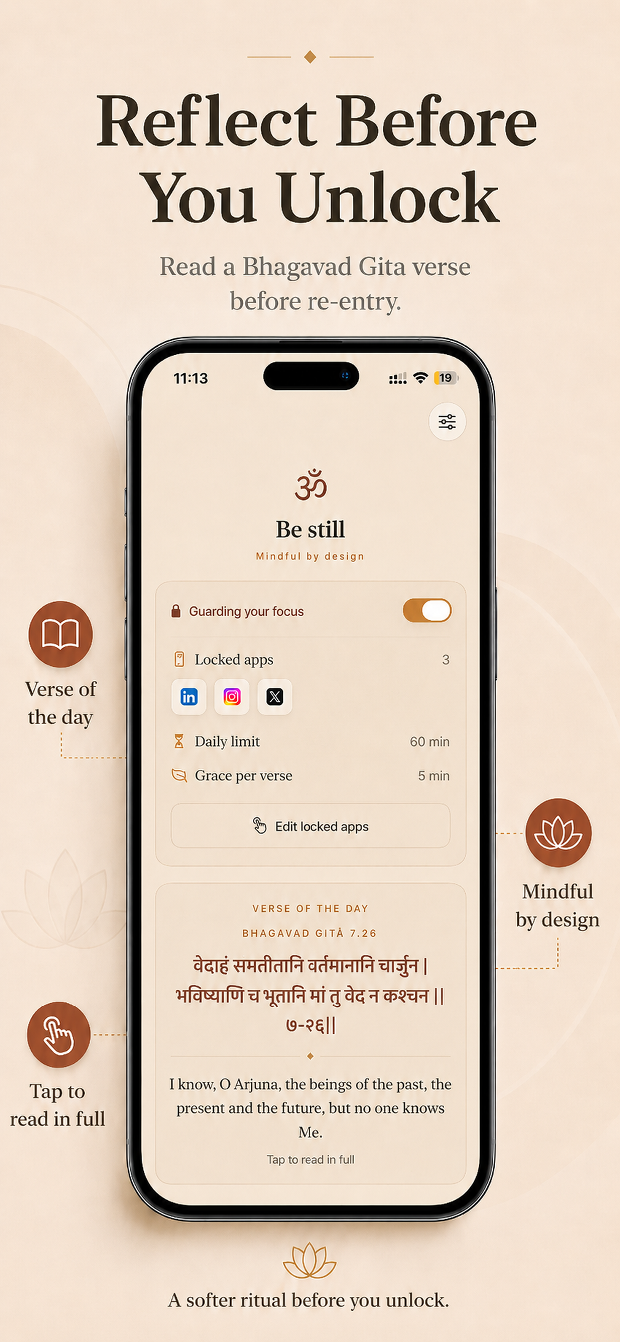 GitaLock reflection experience showing a Bhagavad Gita verse before unlocking a guarded app