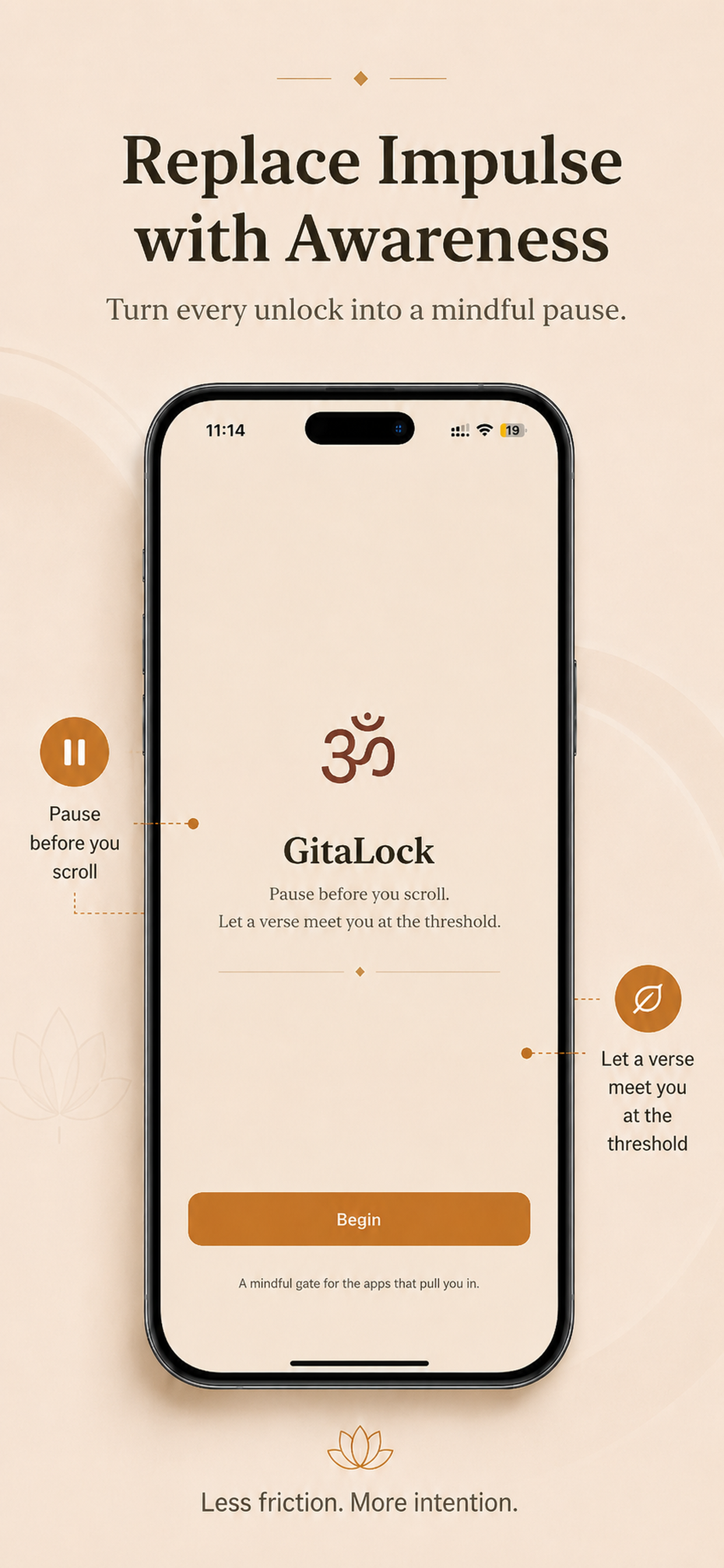 GitaLock welcome screen encouraging users to replace impulsive app opening with awareness