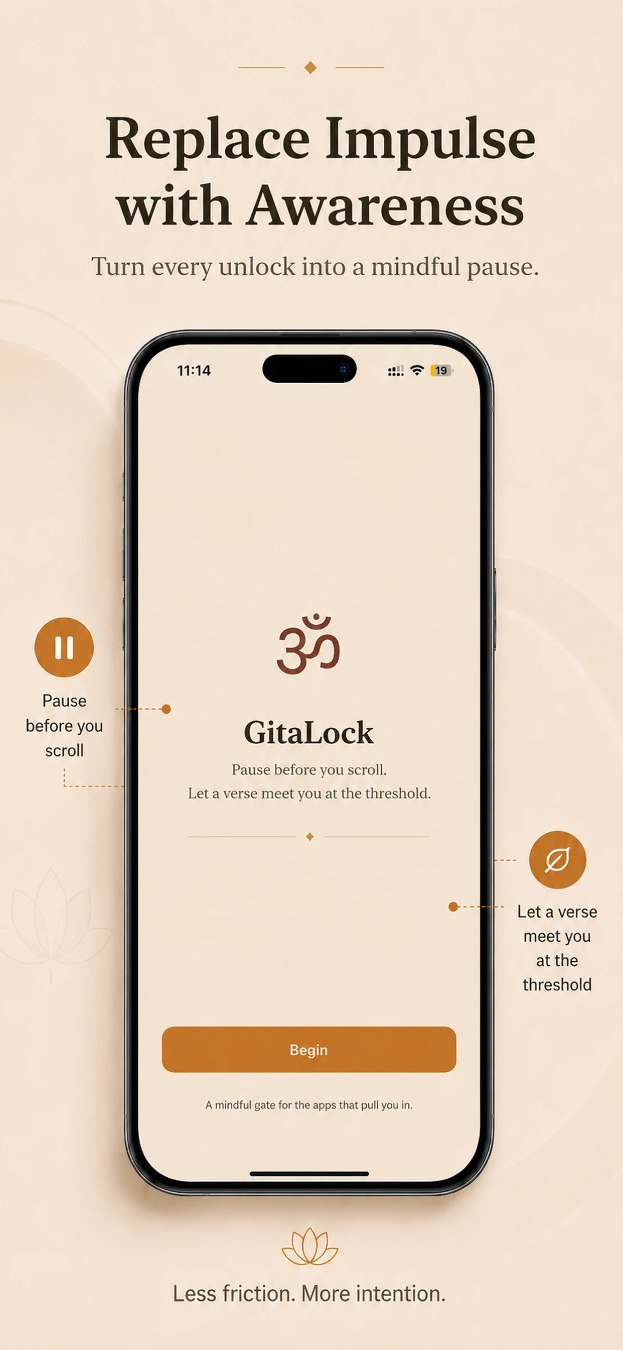 GitaLock welcome screen encouraging users to replace impulsive app opening with awareness