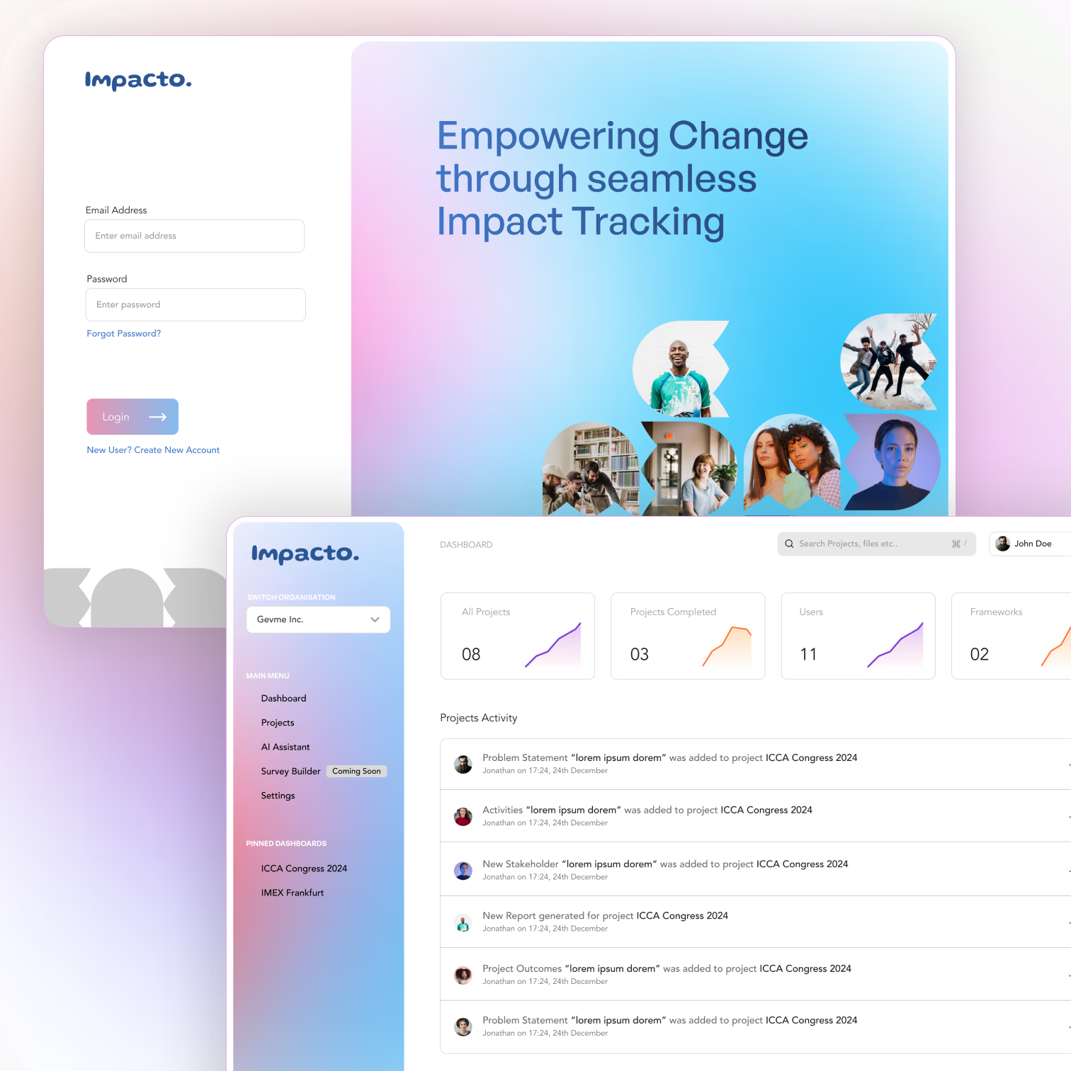ImpactAIQ platform concept showing the login screen and dashboard visual design