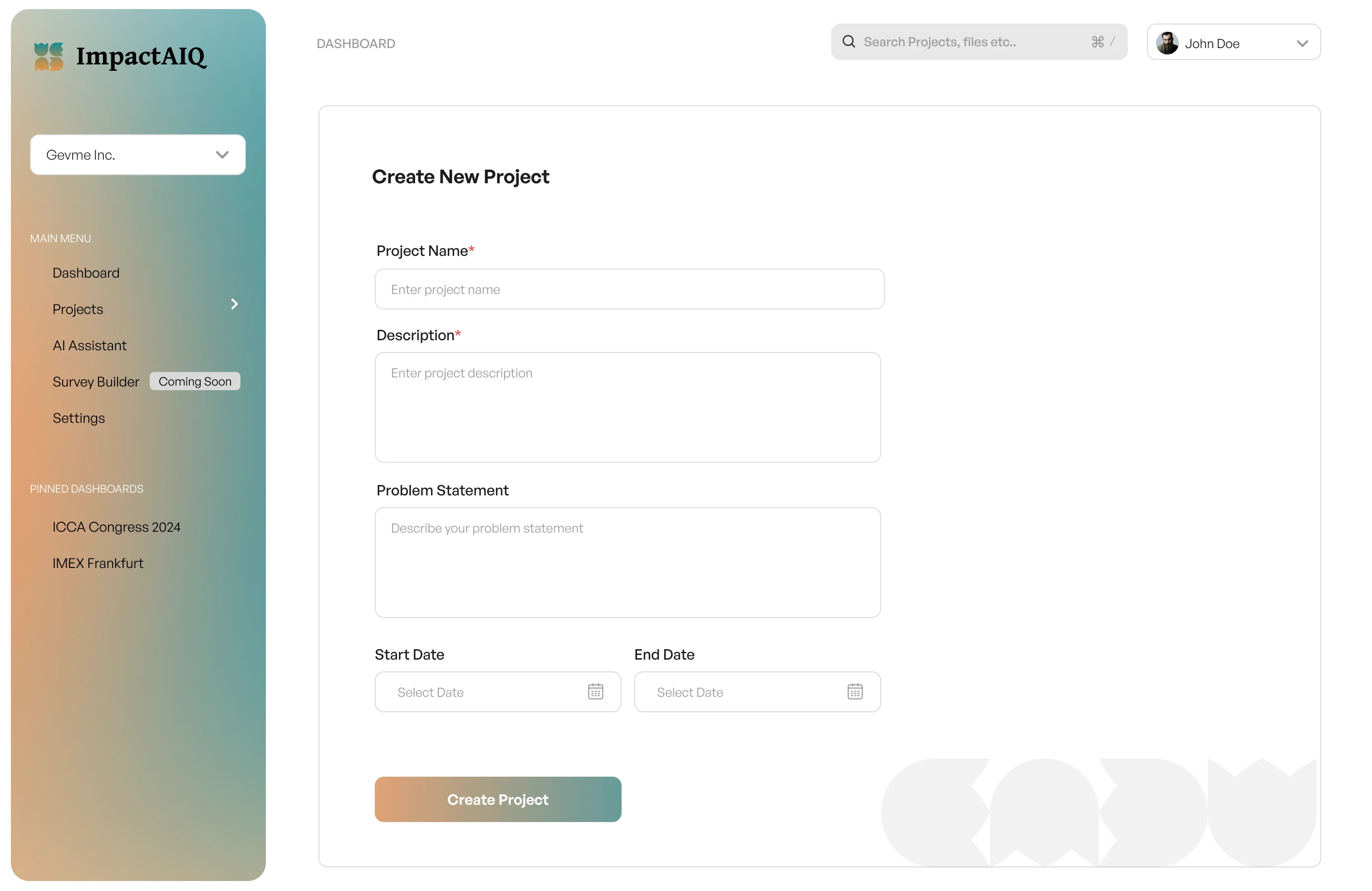 ImpactAIQ create project form with project name, description, problem statement, and dates