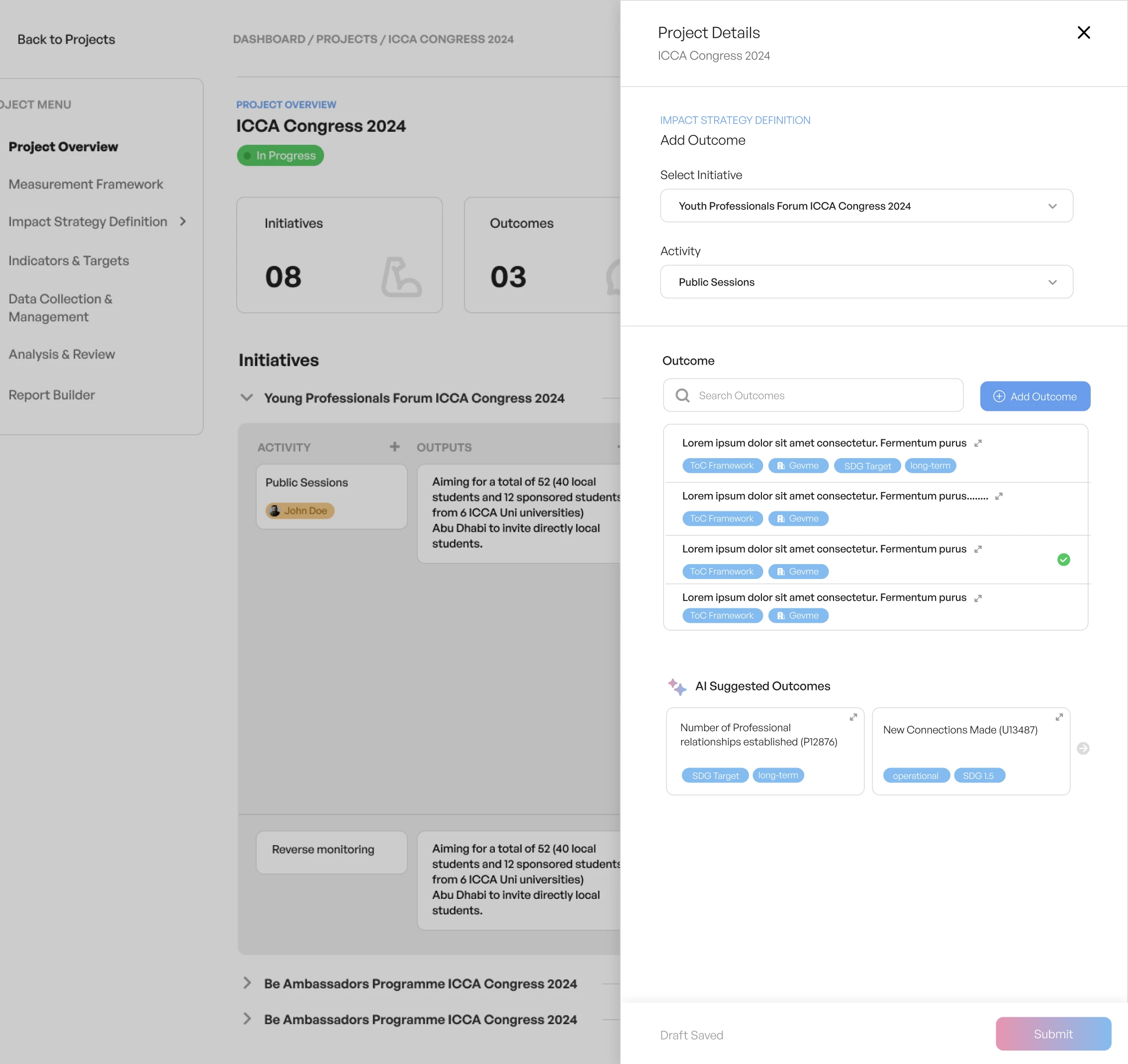 ImpactAIQ project detail screen with outcomes, AI suggested outcomes, and strategy configuration