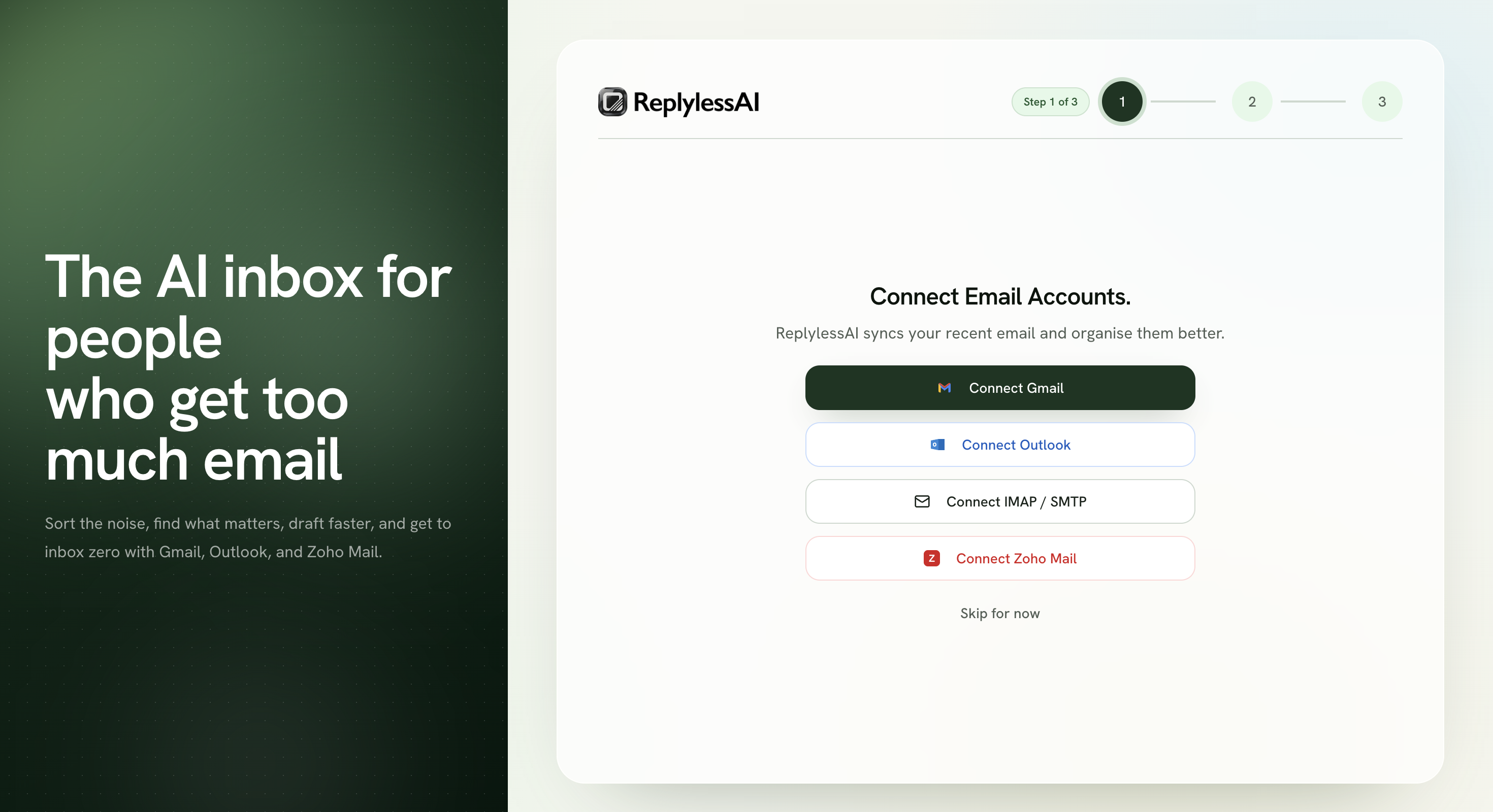ReplylessAI onboarding screen showing a three-step flow for connecting Gmail, Outlook, IMAP SMTP, or Zoho Mail