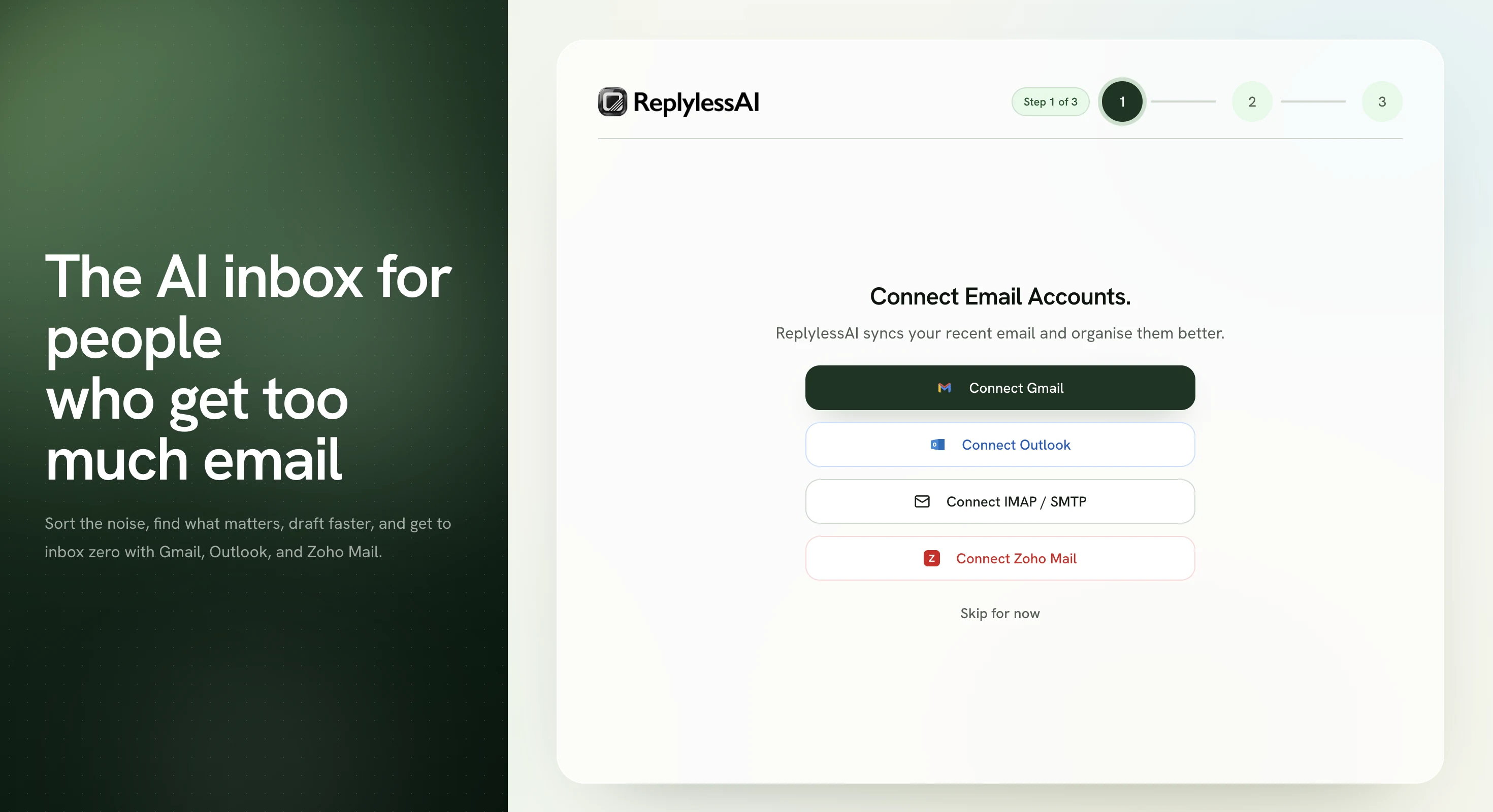 ReplylessAI onboarding screen showing a three-step flow for connecting Gmail, Outlook, IMAP SMTP, or Zoho Mail