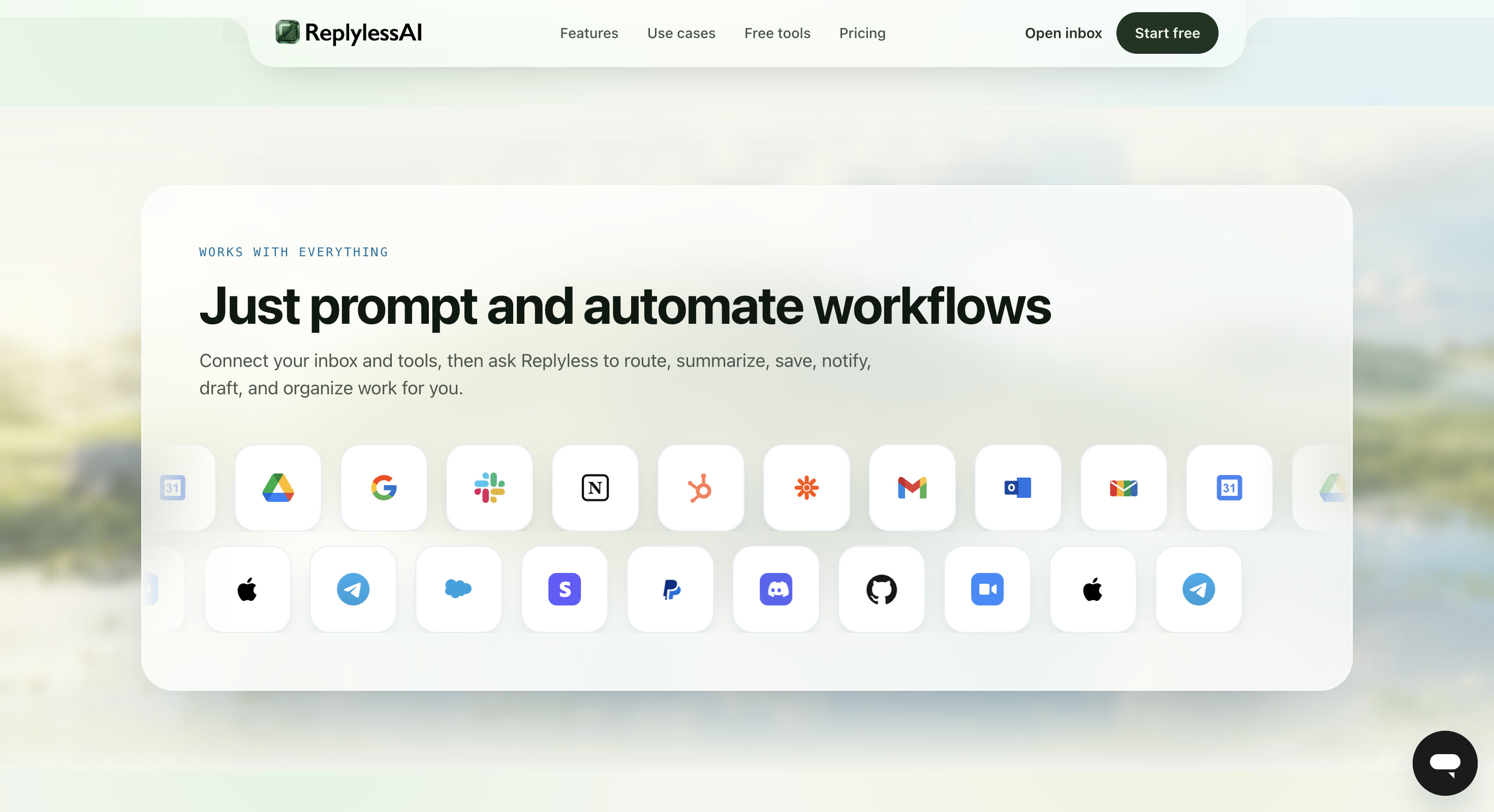 ReplylessAI landing-page section showing prompt-based workflow automation across email and connected productivity tools