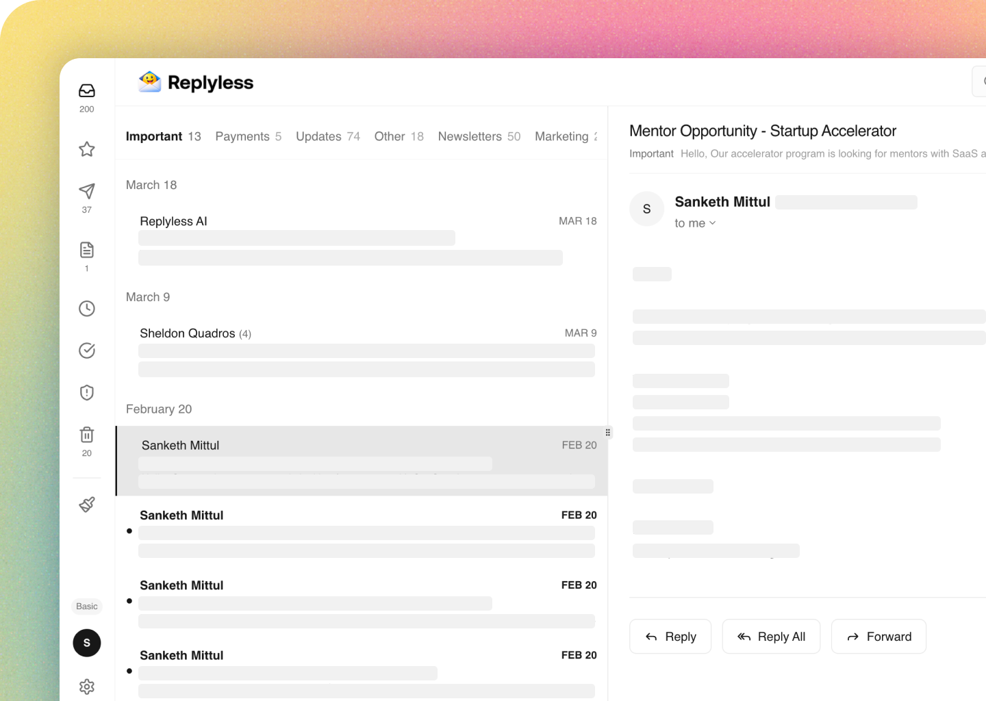 ReplylessAI inbox workspace showing categories, message list, detail pane, and reply actions