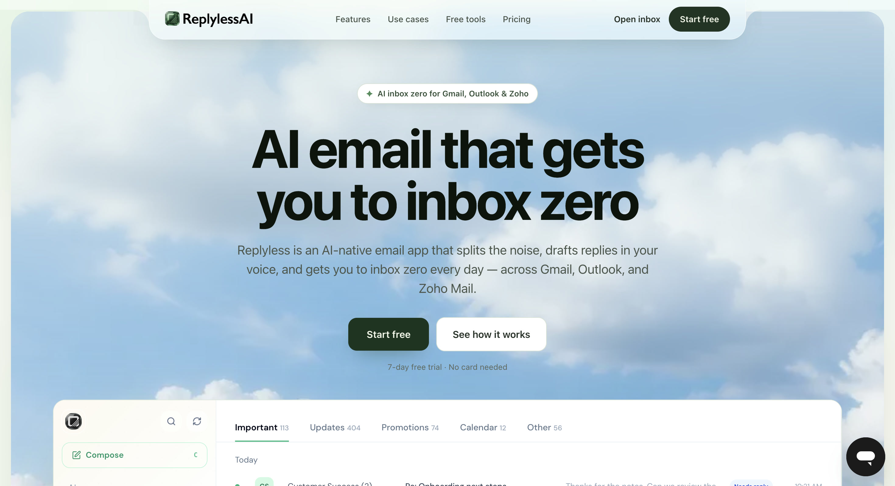 ReplylessAI landing-page hero presenting an AI-native email experience for Gmail, Outlook, and Zoho Mail