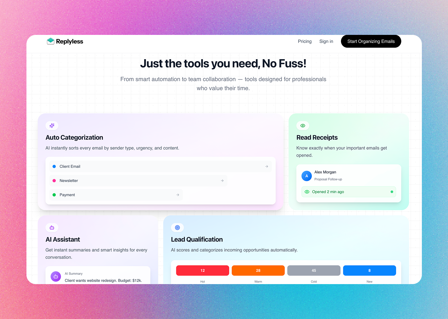 ReplylessAI landing page introducing auto categorization, read receipts, AI assistant, and lead qualification