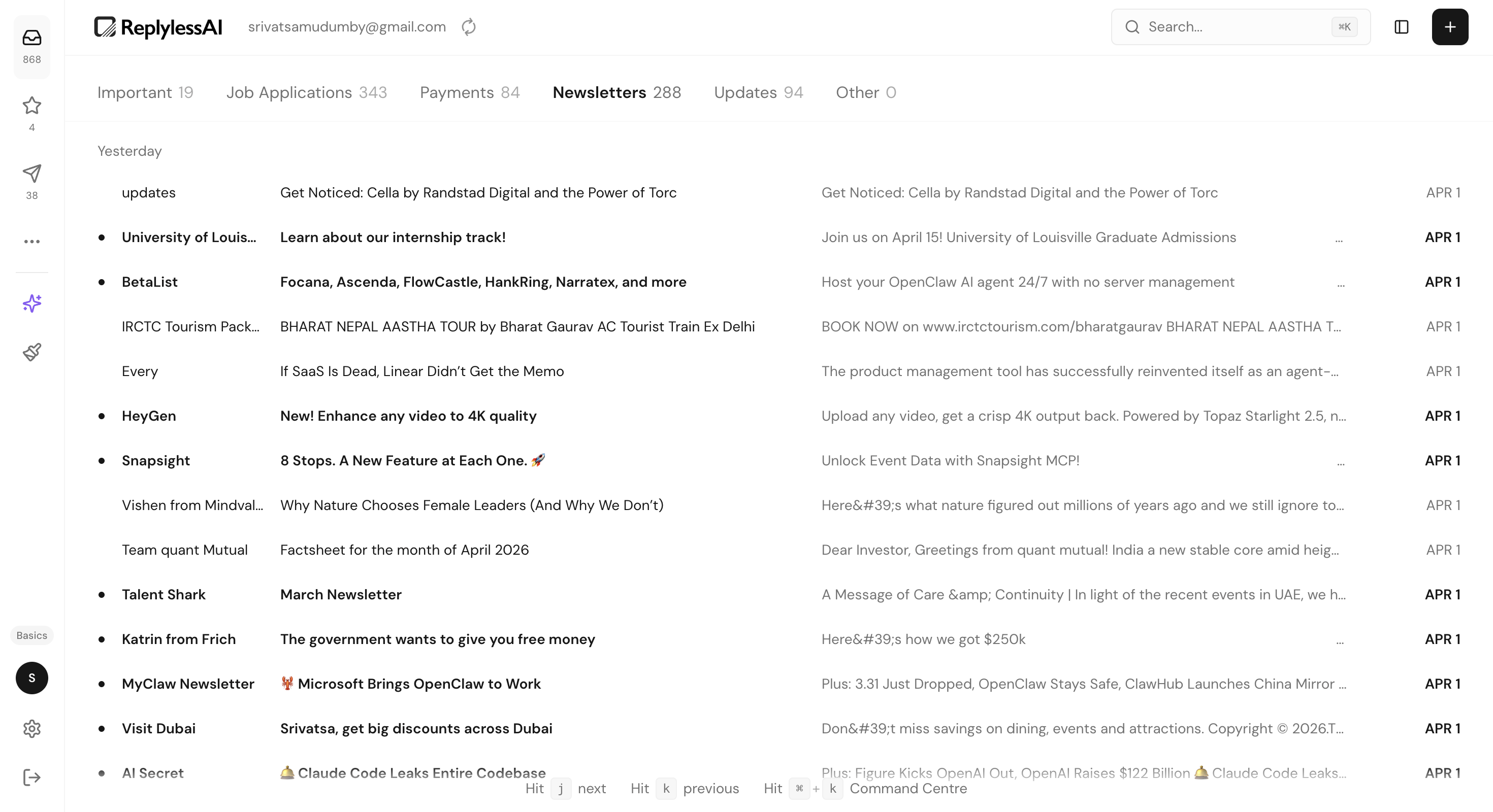 ReplylessAI newsletter category view showing categorized email rows