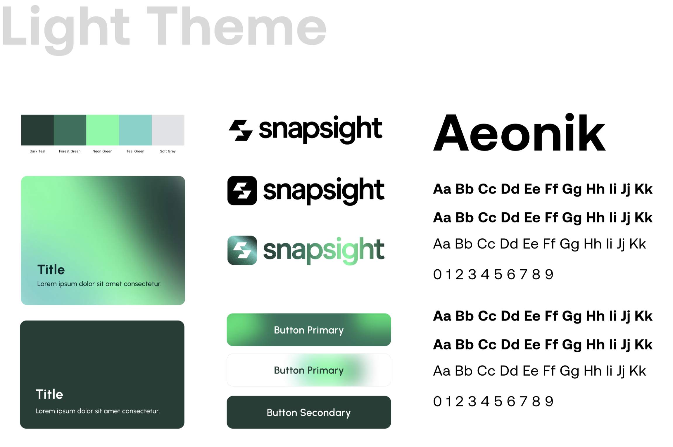 Snapsight light-theme design system board with logo, colors, typography, and UI components