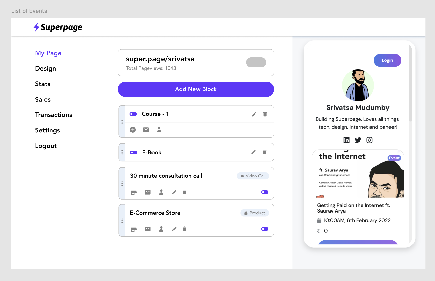 Superpage creator dashboard showing page blocks, product types, page views, navigation, and a live mobile preview