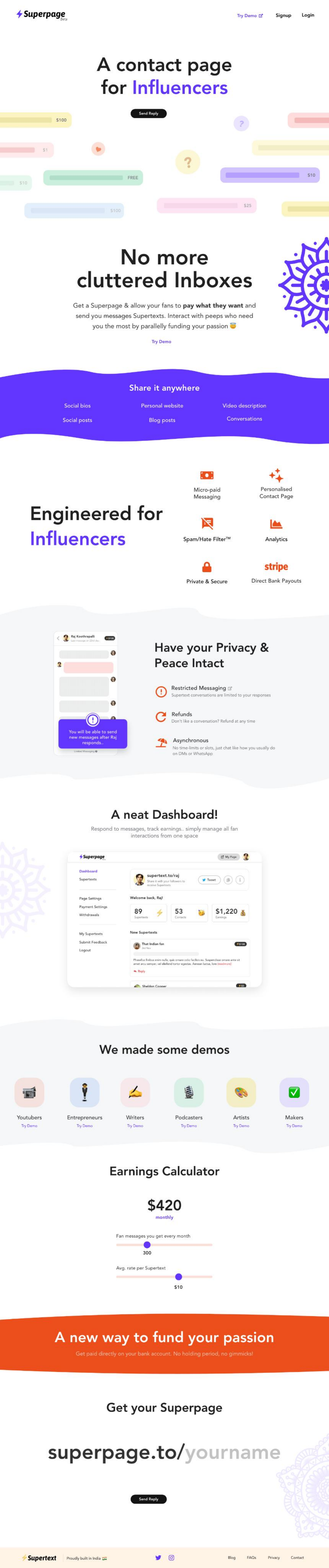 Full early Superpage landing page explaining paid creator messages, privacy, dashboard features, demos, and an earnings calculator