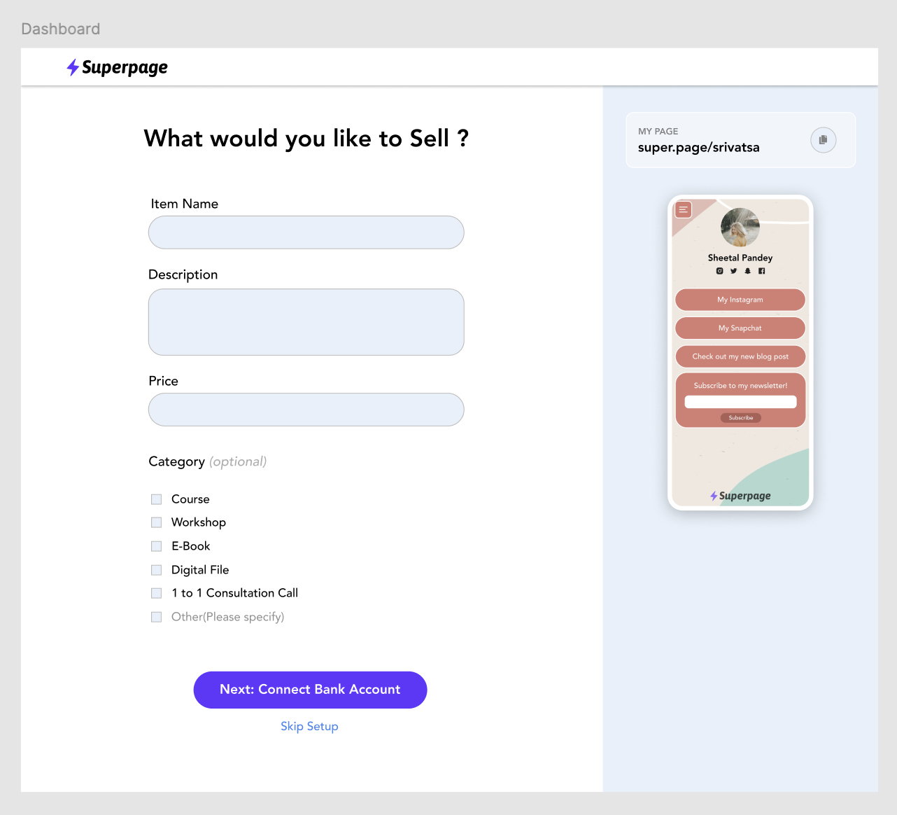 Superpage selling setup form showing item name, description, price, category selection, bank account step, and mobile preview