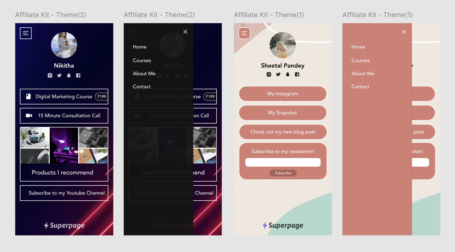 Four Superpage mobile theme explorations showing creator pages and open navigation drawers